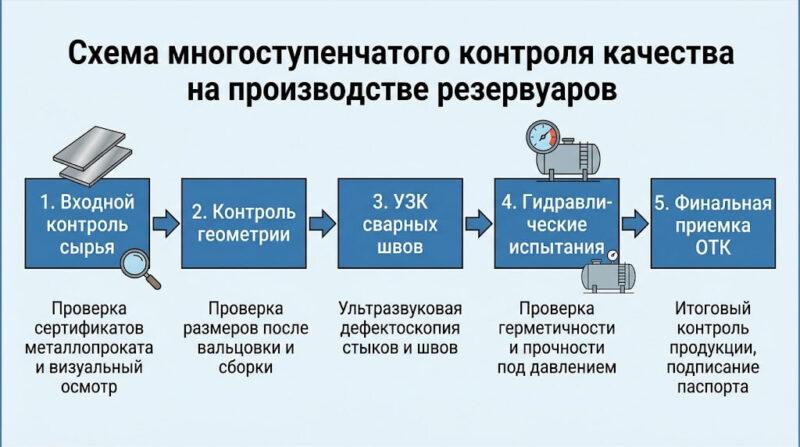Блок-схема этапов контроля качества производства резервуаров от входного контроля до приемки ОТК