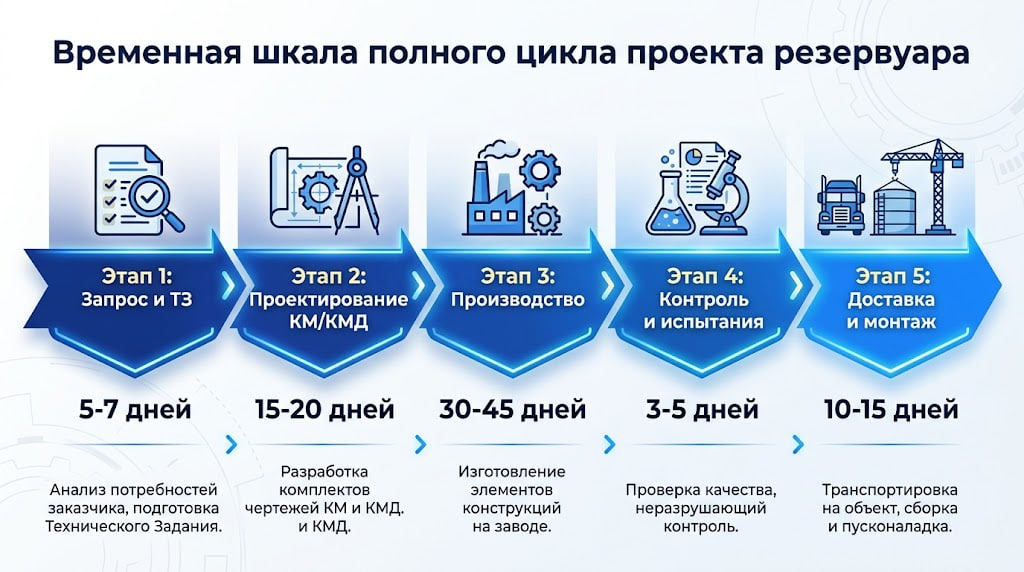Инфографика этапов проекта резервуара от технического задания до монтажа с указанием сроков