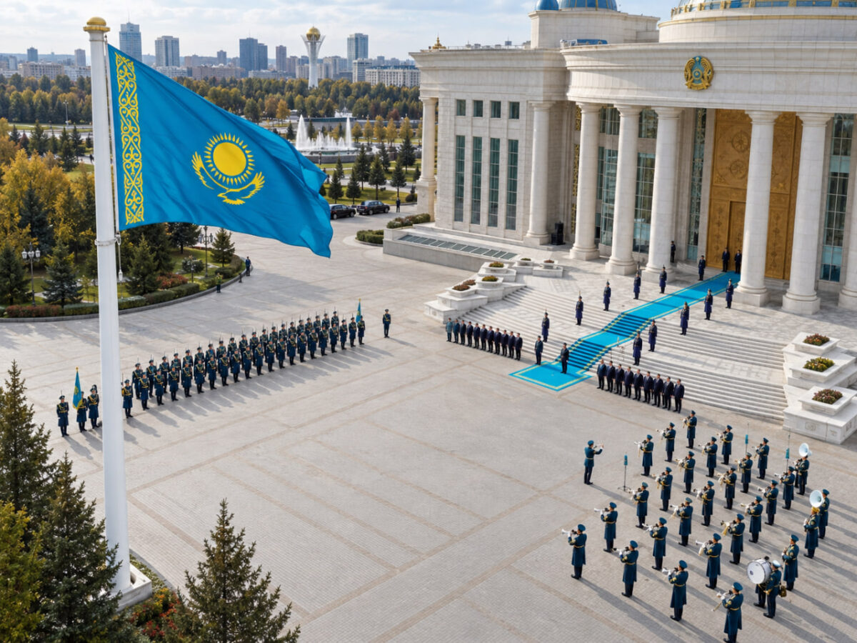 Как Казахстан отмечает День Республики: концерты, флаги, новоселья и праздники в городах 1 Церемония поднятия Государственного флага у Акорды, Астана, 25 октября 2026 года