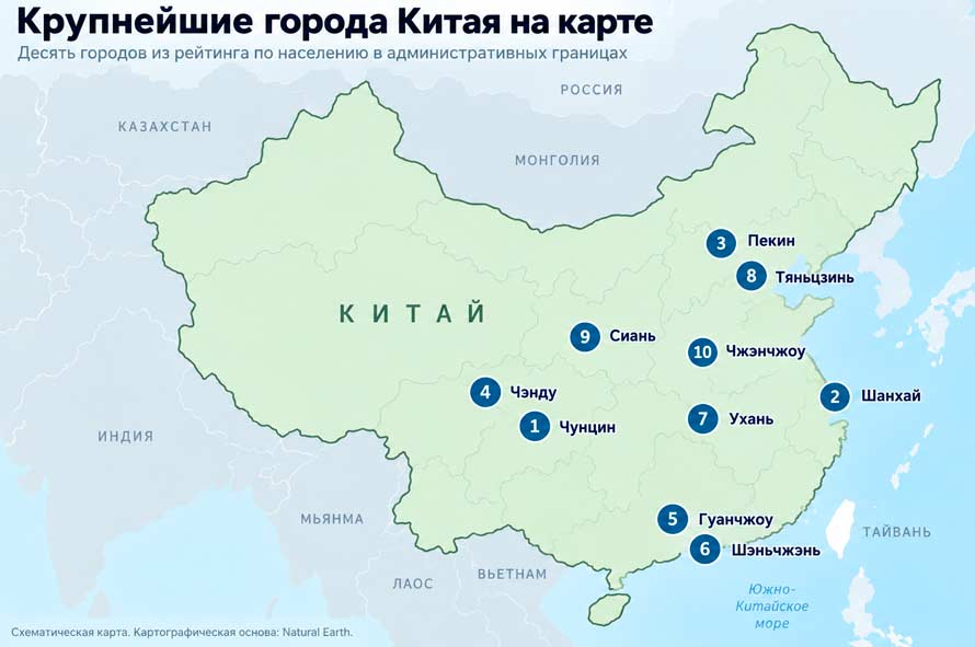 Карта Китая с расположением десяти крупнейших городов