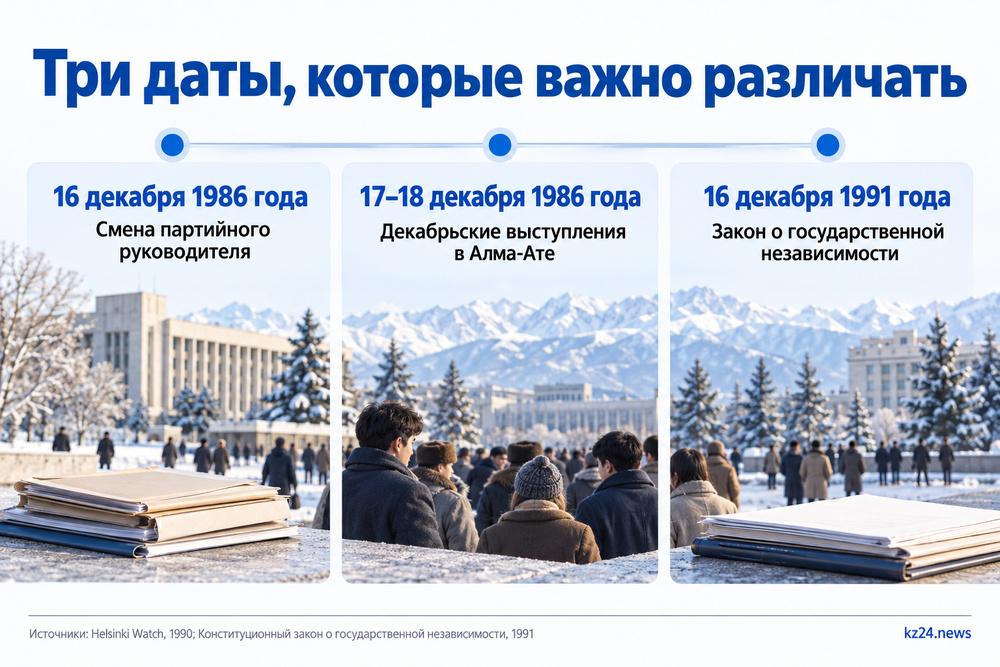 Желтоксан 1986: что произошло в декабре в Алма-Ате 5 Шкала времени со сменой руководителя, декабрьскими выступлениями и принятием закона о независимости; внизу — сцена собрания молодёжи